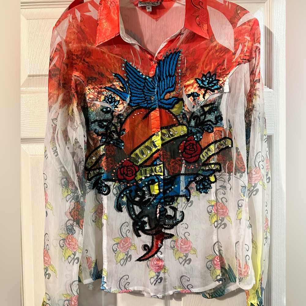 Spy Zone Exchange sheer embroidered long sleeve top